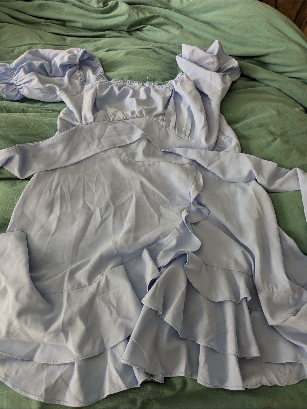 Light Blue Ruffle Off-Shoulder Dress With Waist Tie Ruched Bodice Size XL Lyaner